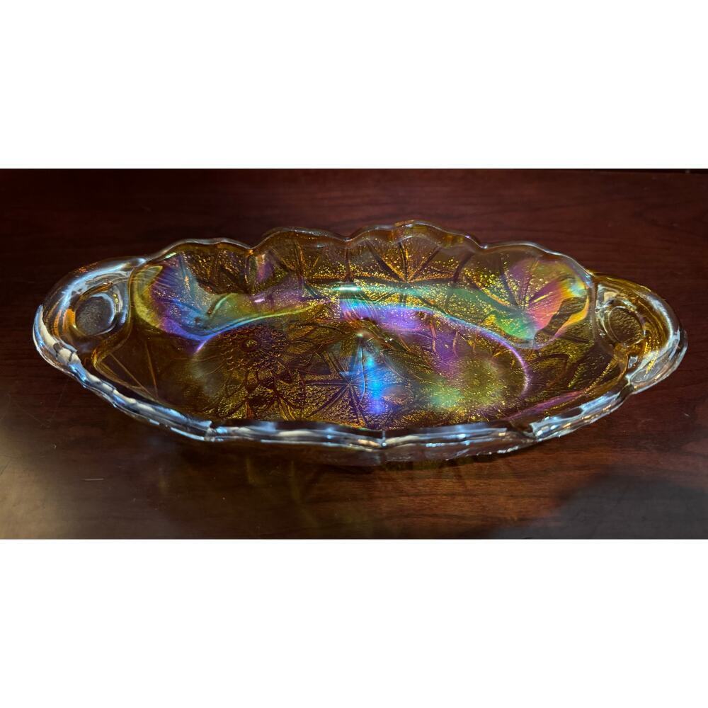 Vintage Carnival Glass Serving Dish Iridescent 9.5” Amber Gold Sunflower Design
